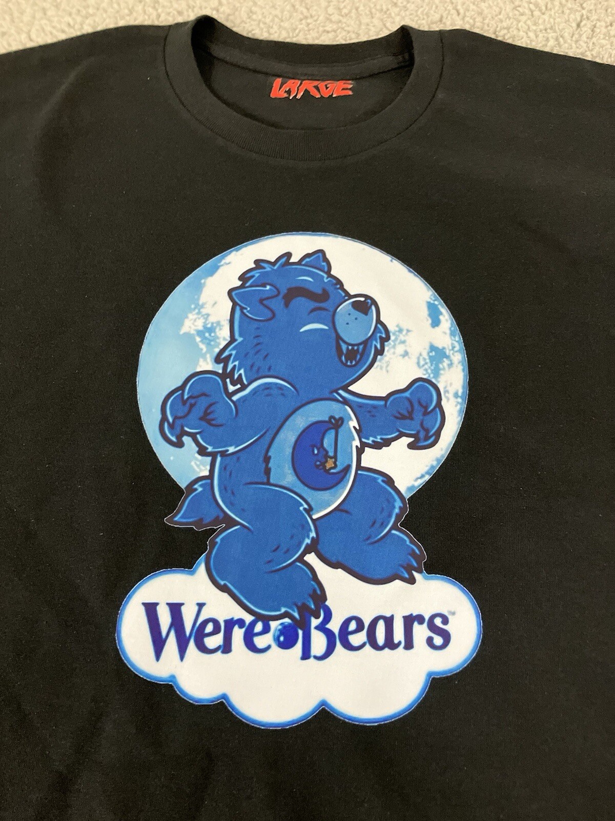 Were Bear | Care Bear Werewolf Turning Full Moon Halloween Black Tee Size Large