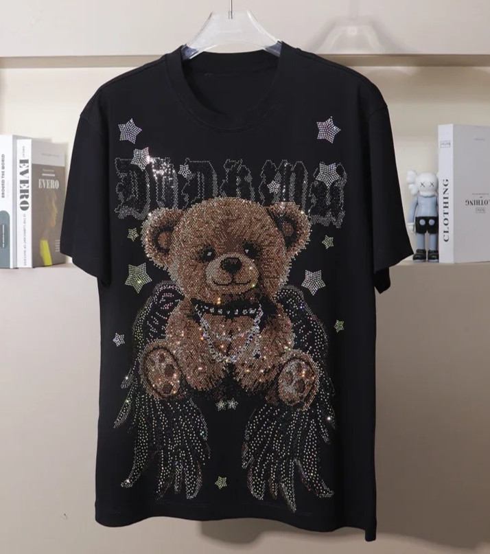 New Men Fashion Diamond Bear Rhinestones Luxury Black White T-Shirt High Quality