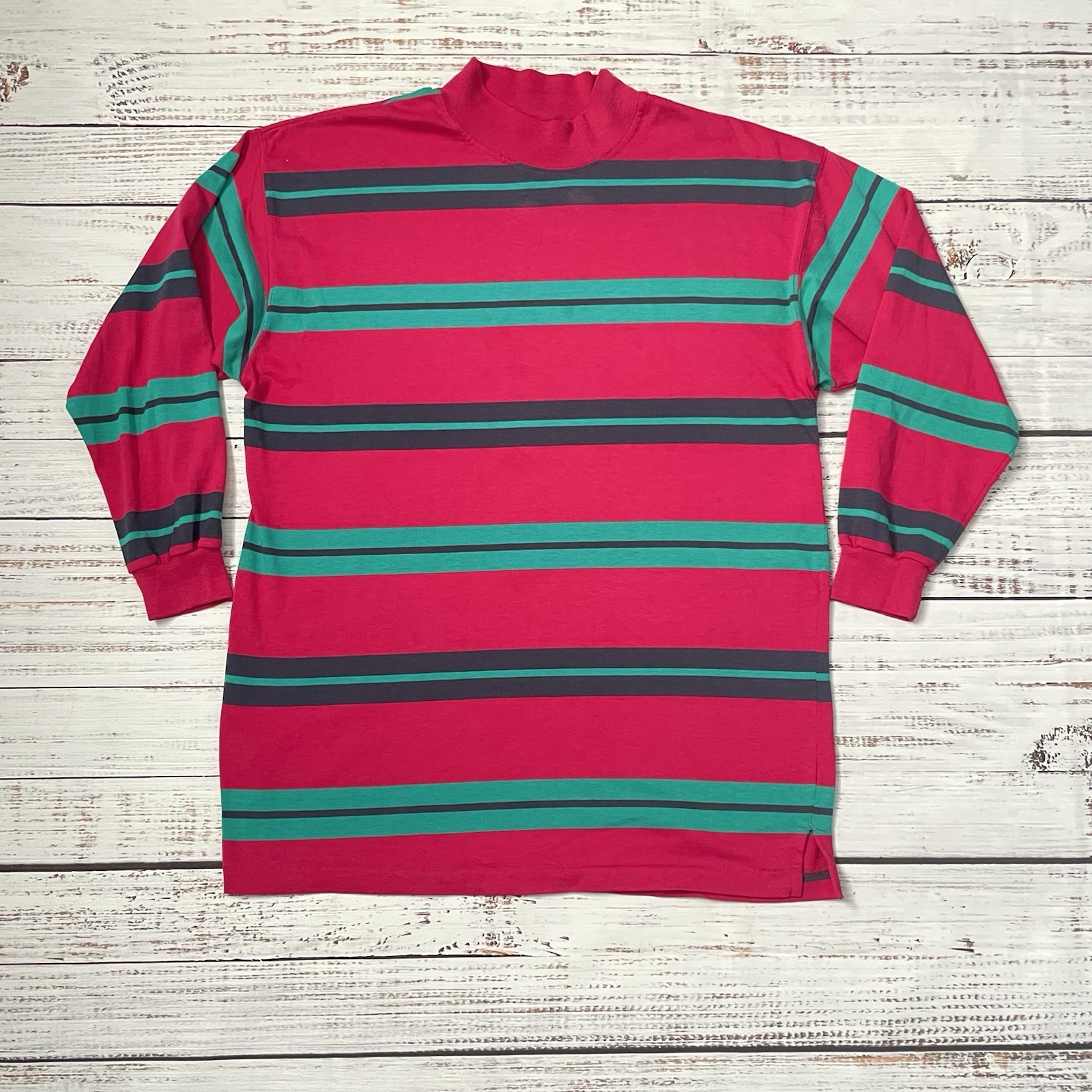 Vintage Class 955 Pink Green Striped Long Sleeve Blank Shirt Adult M Mock Neck