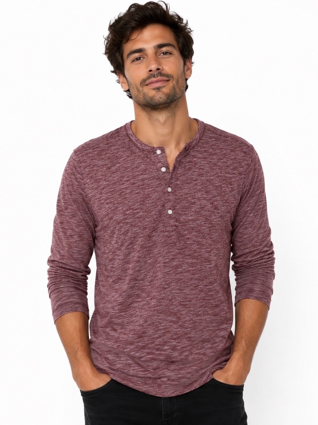 Bonobos Maroon Heathered Henley Long-Sleeve Shirt – natural fibers / Small
