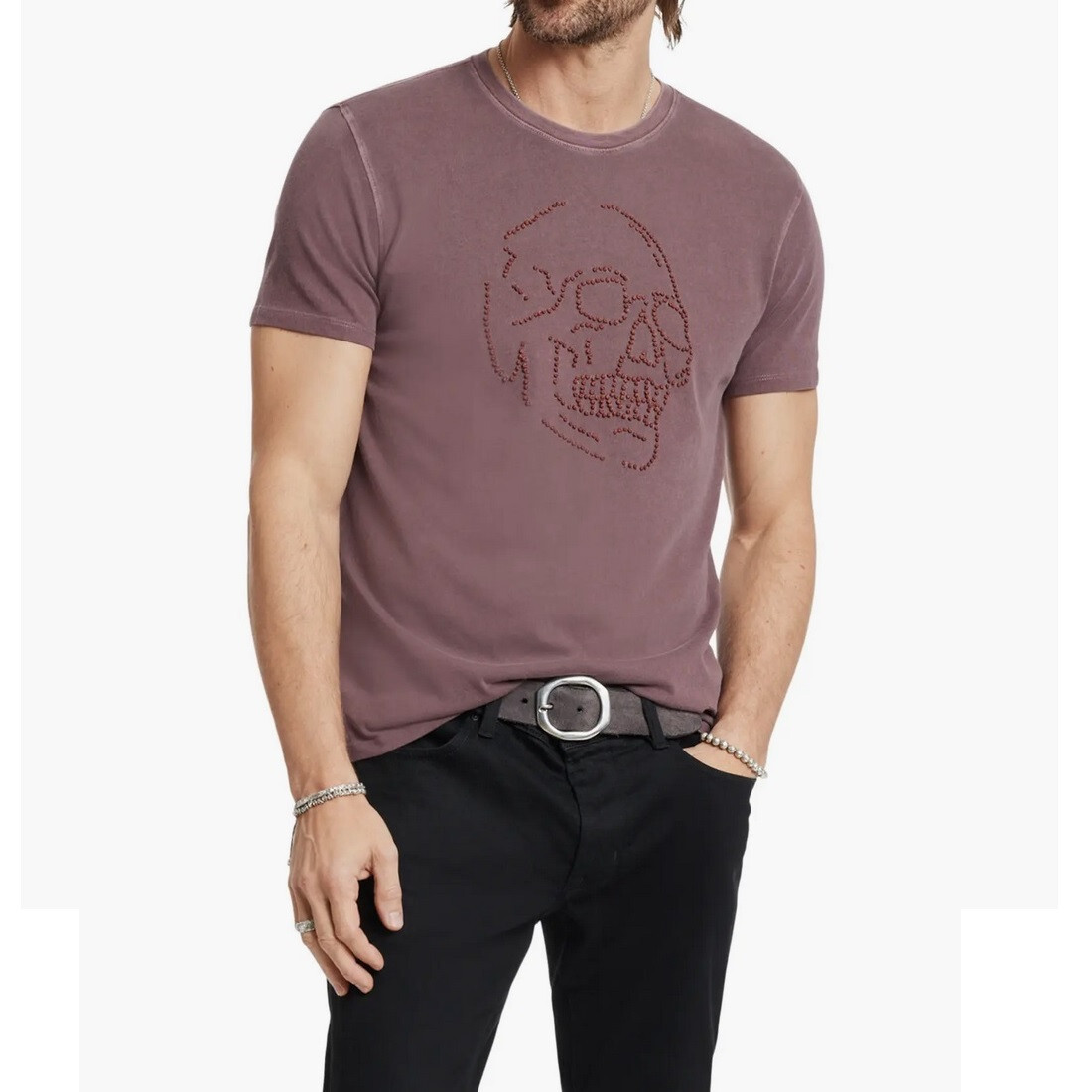 John Varvatos Men’s Large Skull Embroidered Beaded Knots Crew T-Shirt Mauvewood