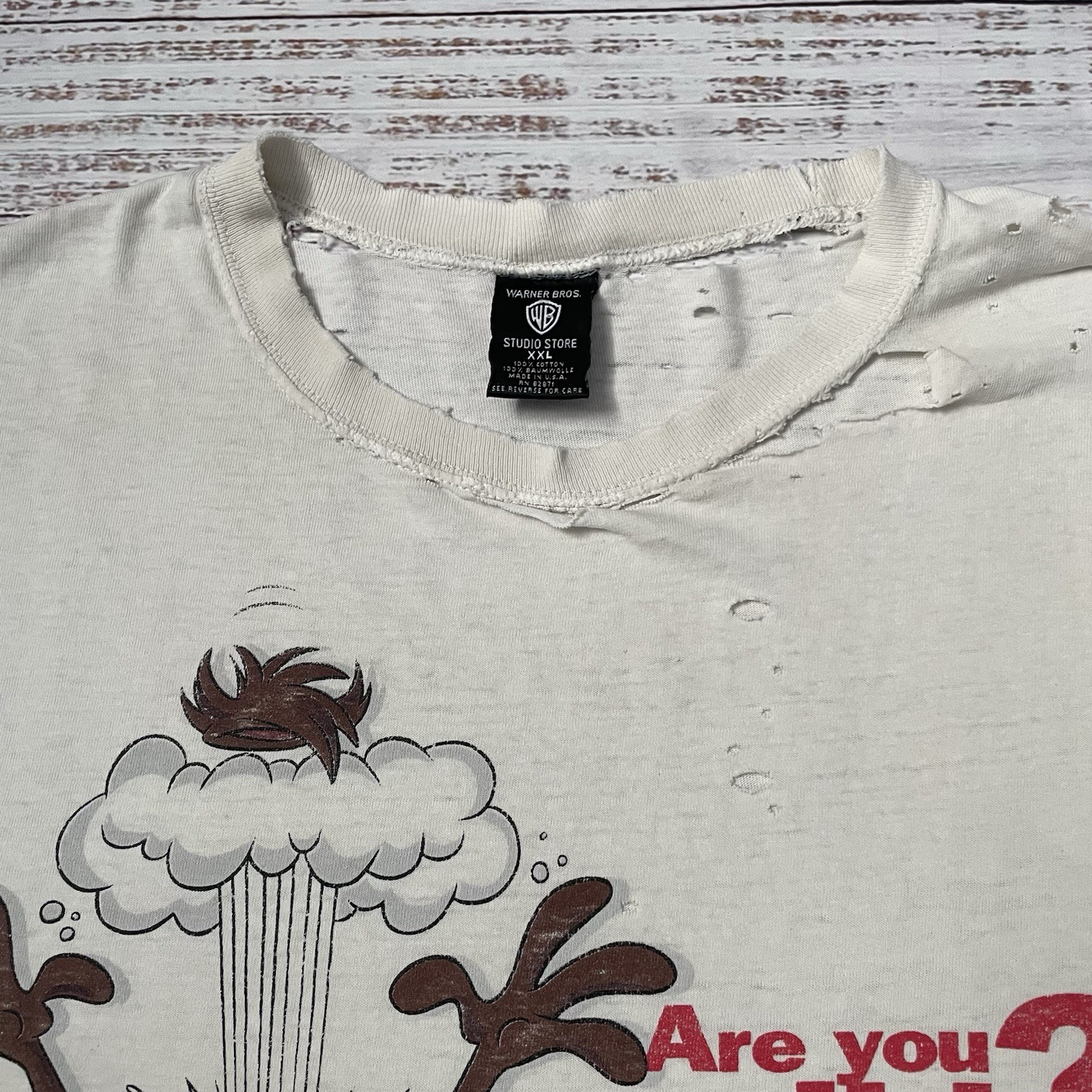 Vintage 90s Taz Looney Tunes Distressed Worn Faded Cut Off White Shirt Adult 2XL