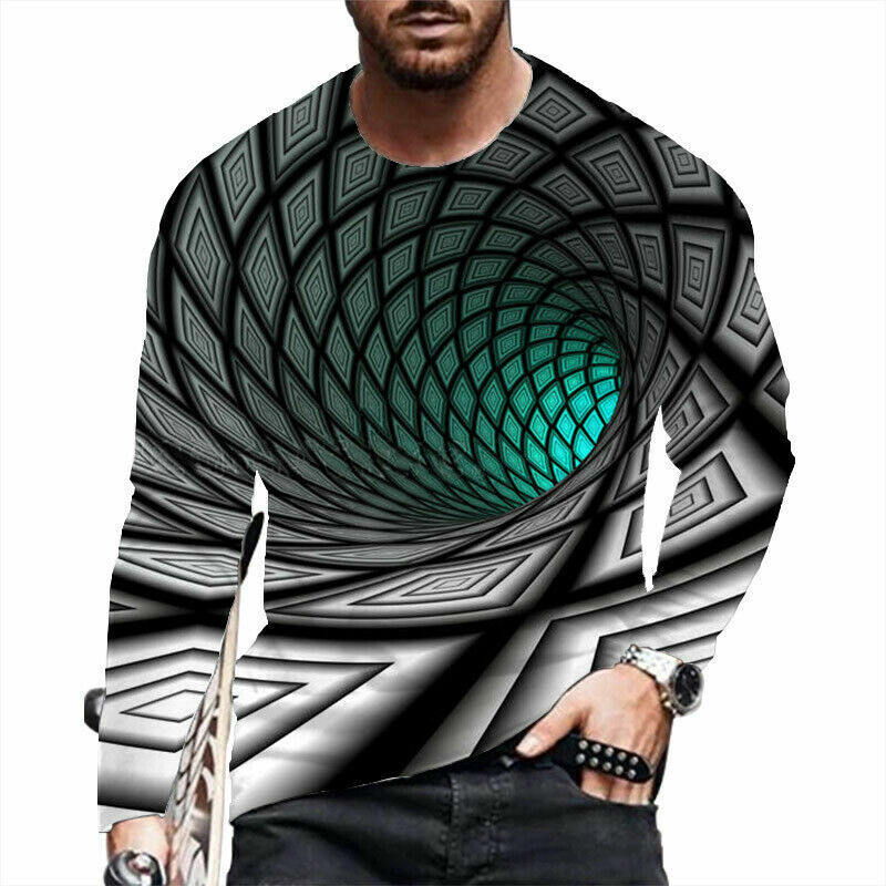 T Shirts Men 3D Optical Illusion Novelty Long Sleeve Black Spiral Camisa T-Shirt