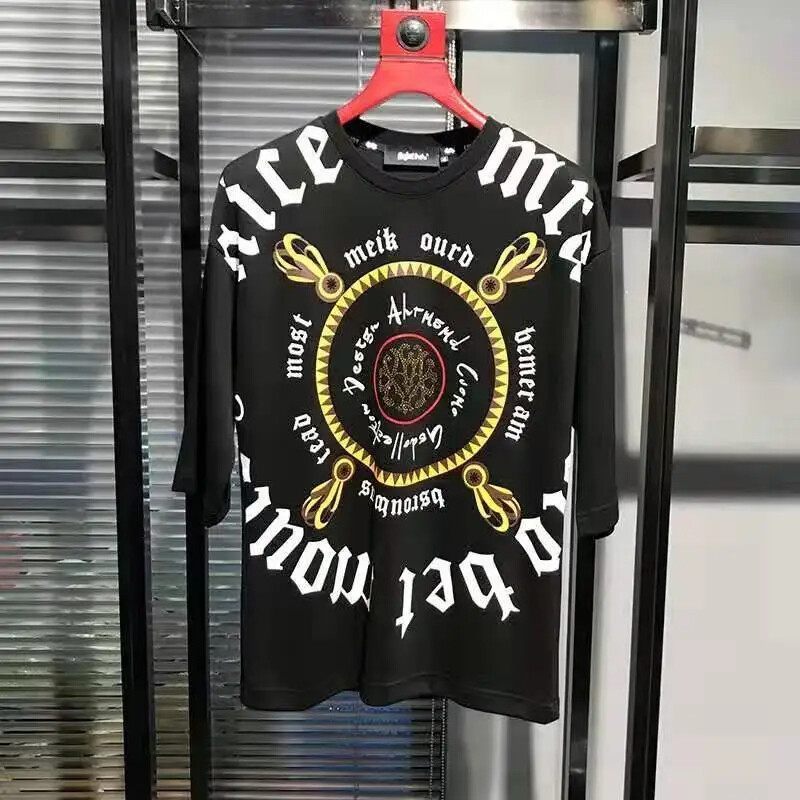 New Men Luxury Rhinestones Fashion Black Half-Sleeved T-Shirt High Quality