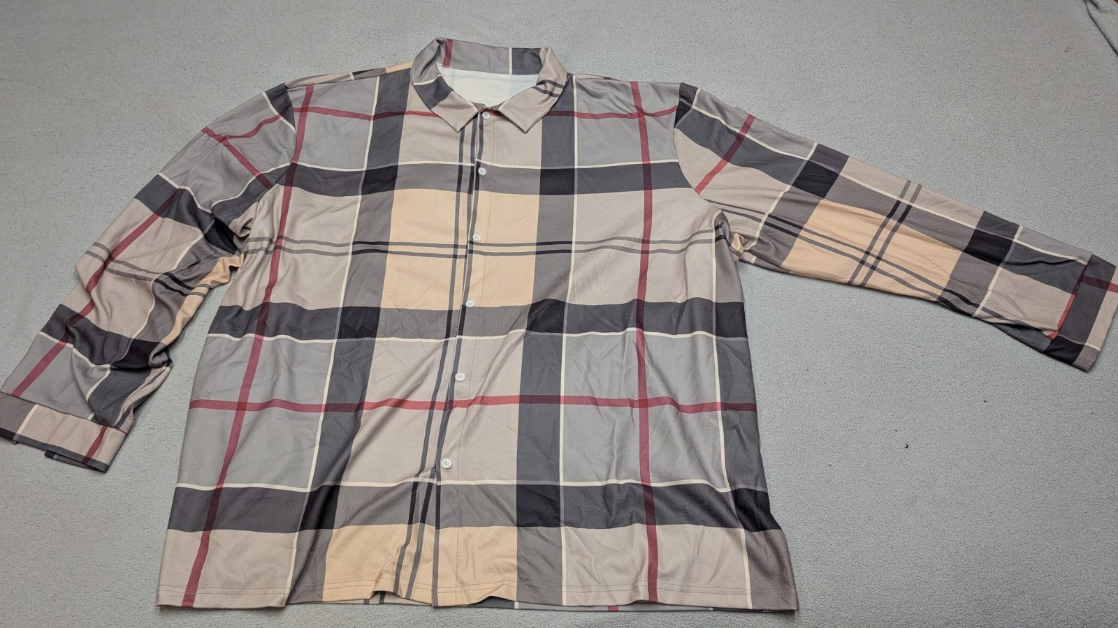 Men’s 6XL Gray Beige Plaid Button Front Shirt Long Sleeve Lightweight Stretch