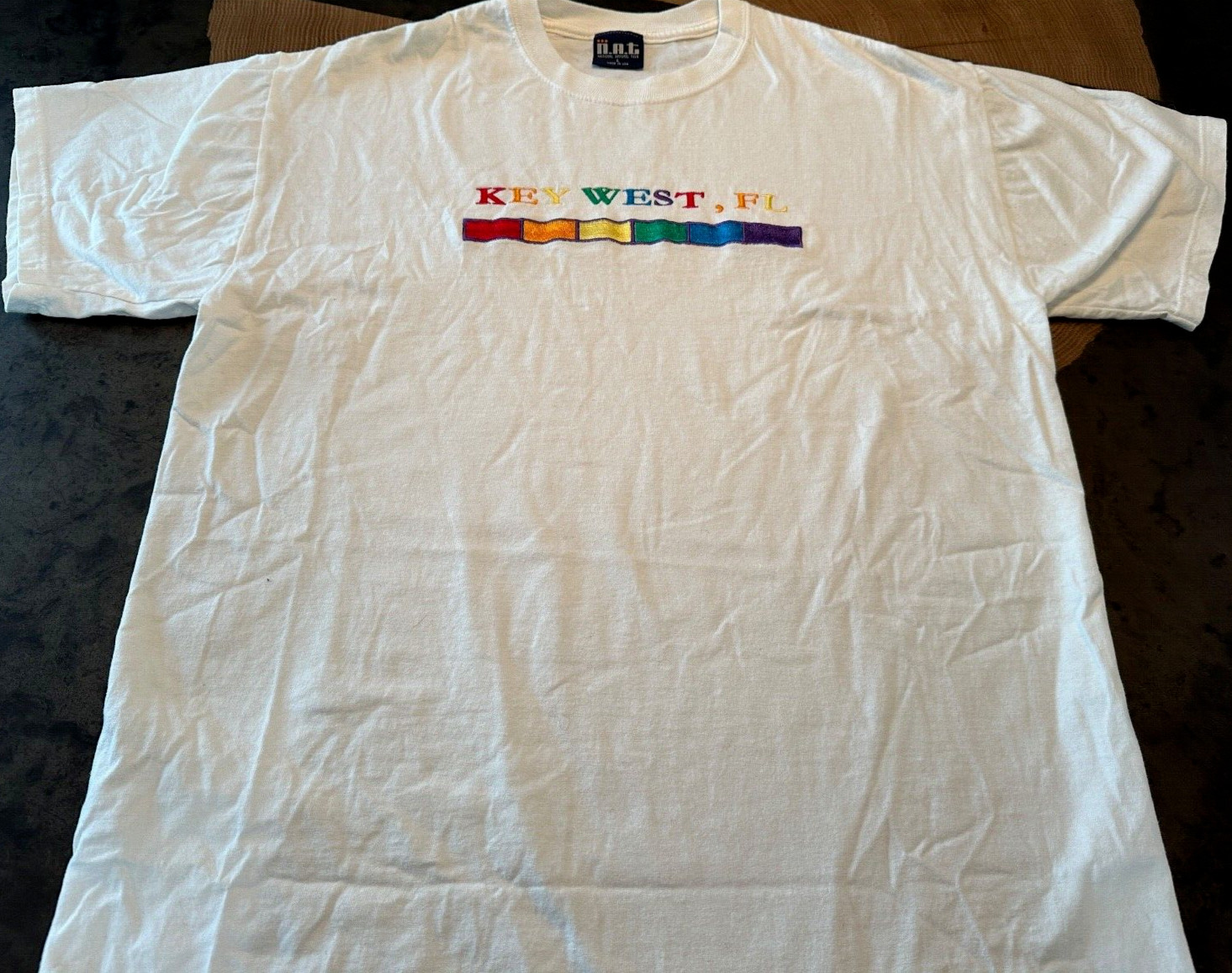 VTG N.A.T. T SHIRT MENS L EMBROIDERED KEY WEST FLORIDA RAINBOW USA MADE