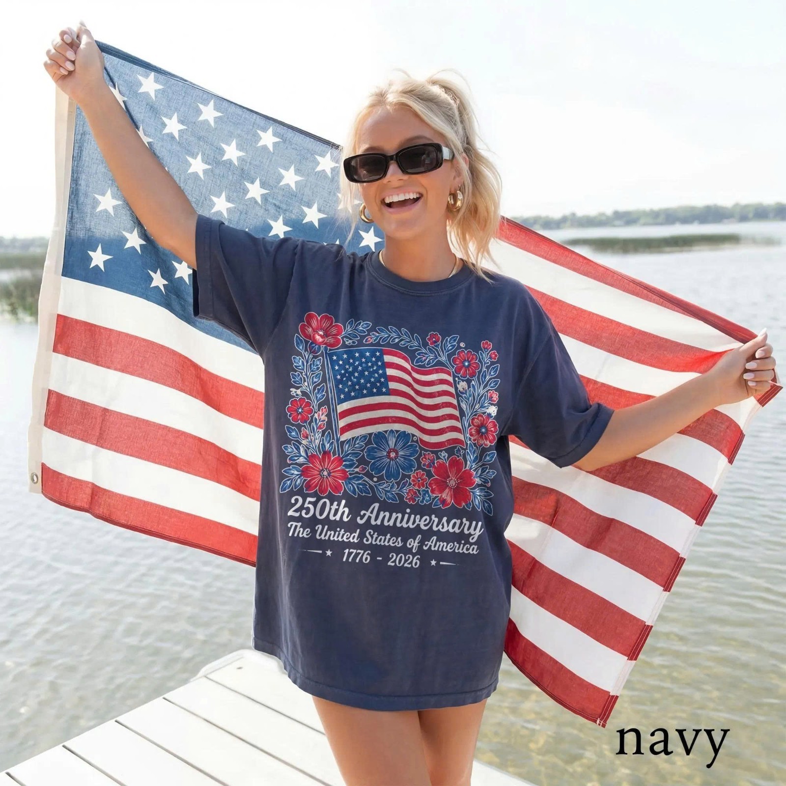 4th July 250th Year Floral USA Flag Shirt, America Anniversary Patriotic Flower