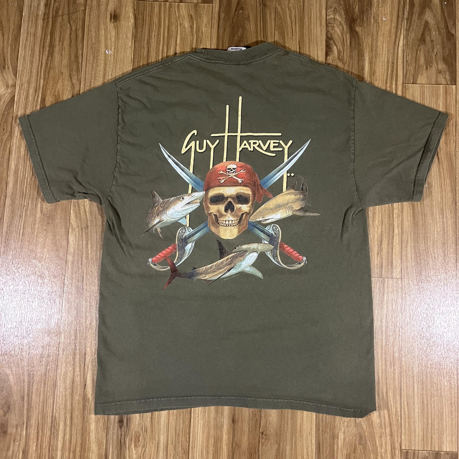 Vintage Guy Harvey Shirt Mens Large Green Pirate Skull Shark Fish Ocean Y2K