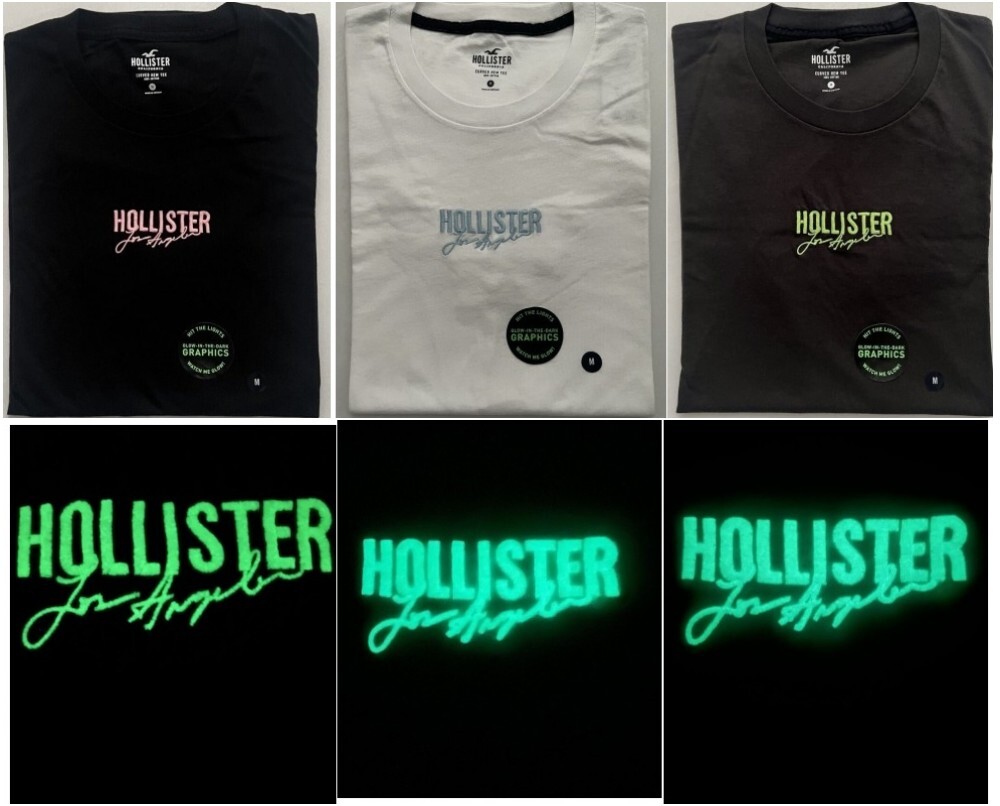 Hollister Men’s Glow-In-The-Dark Graphic T-Shirt Curved Hem Logo Tee XS S M L XL