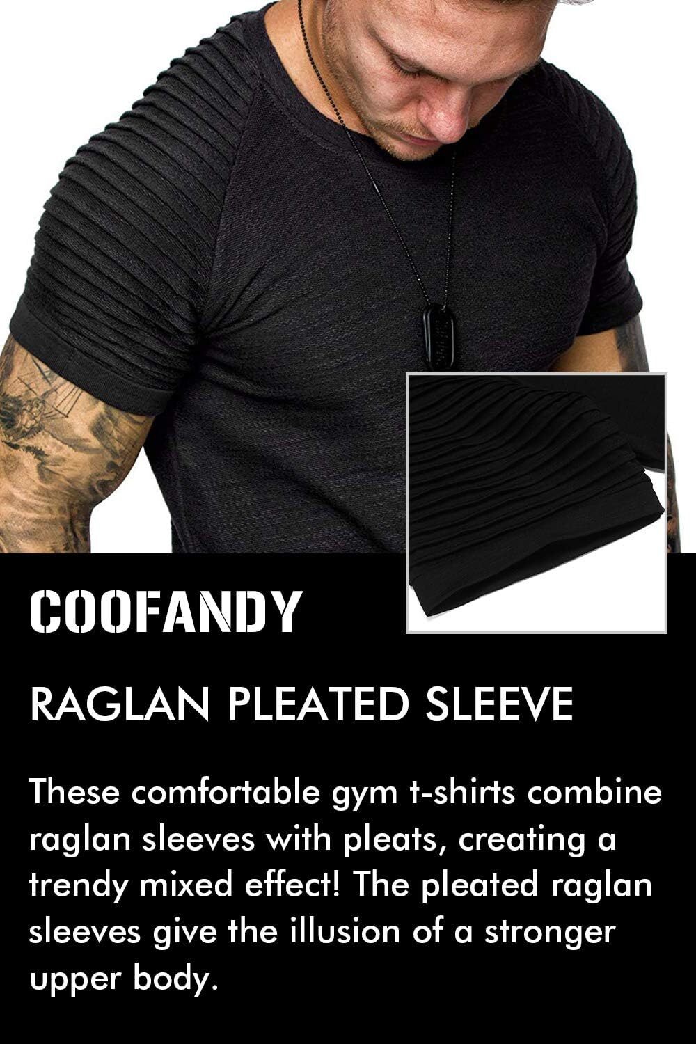 COOFANDY Men’s Muscle T-Shirt Pleated Raglan Sleeve Bodybuilding Large, Black