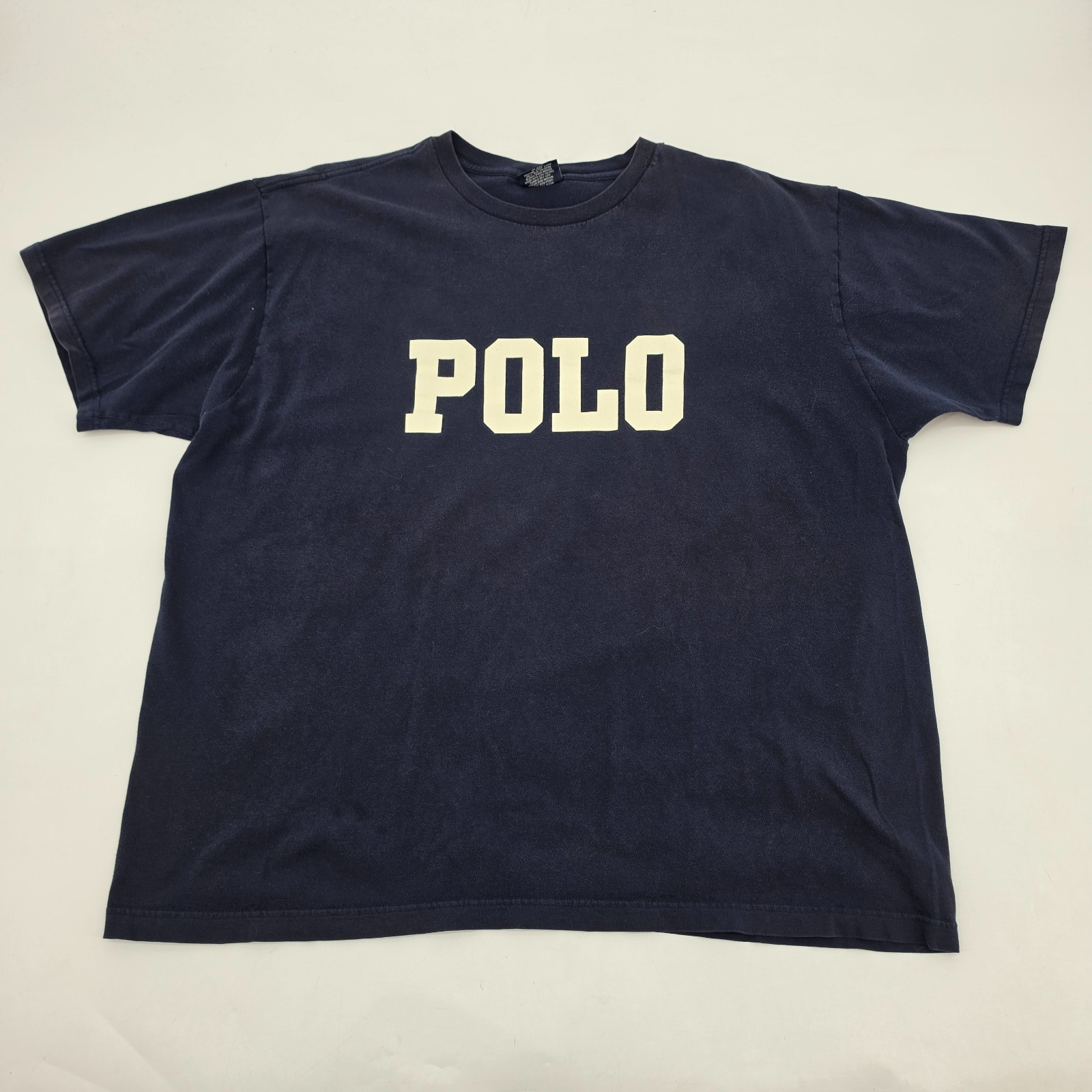 Vintage 90s Polo Ralph Lauren Men’s T-Shirt Size Large Navy Blue White Spellout