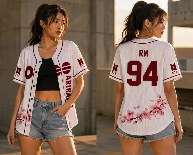 White Maroon Pinstripe Cherry Blossom Kpop Baseball Jersey Shirt Number 92 Top