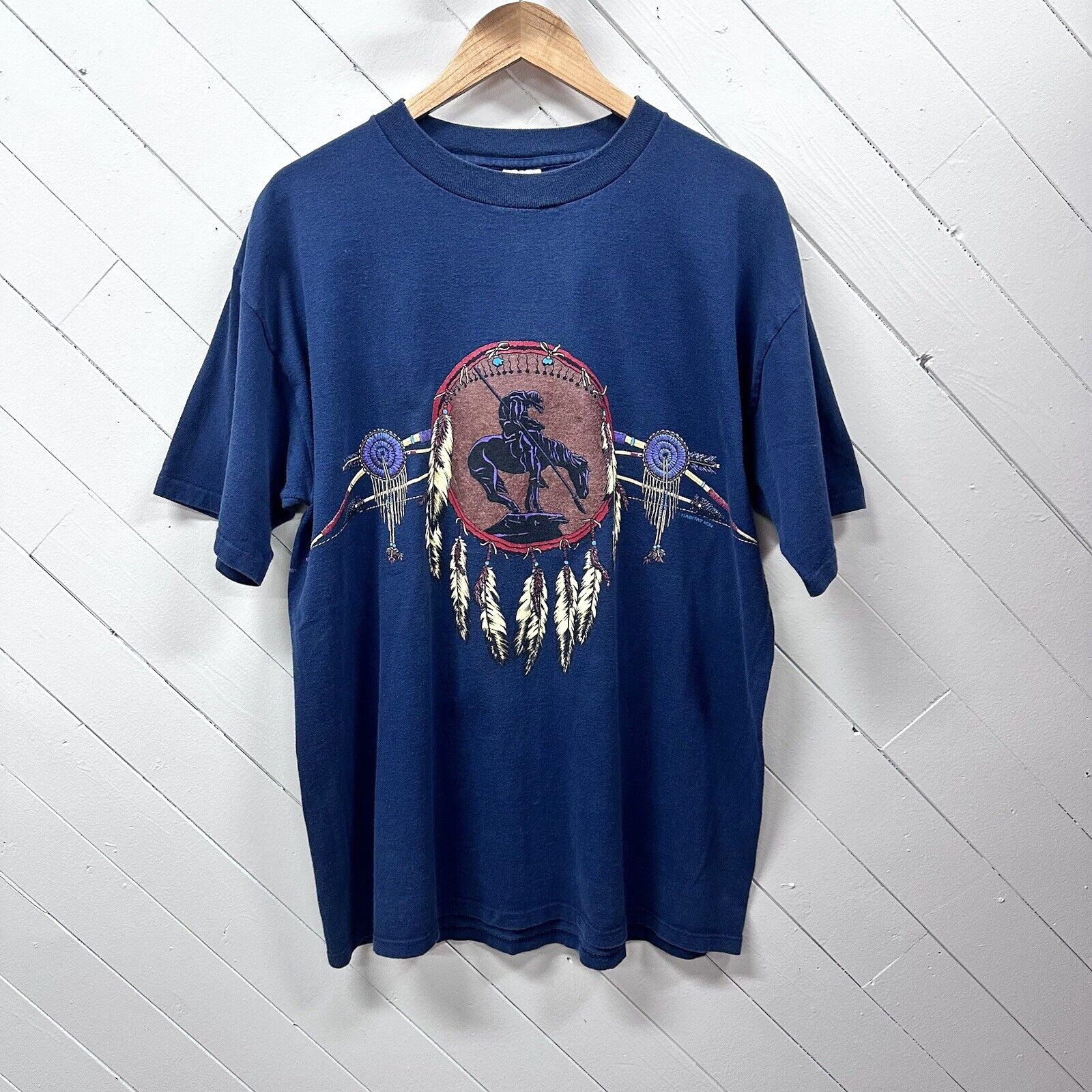 Vintage Native American Indian Dreamcatcher T Shirt Sz XL Blue USA Double Sided