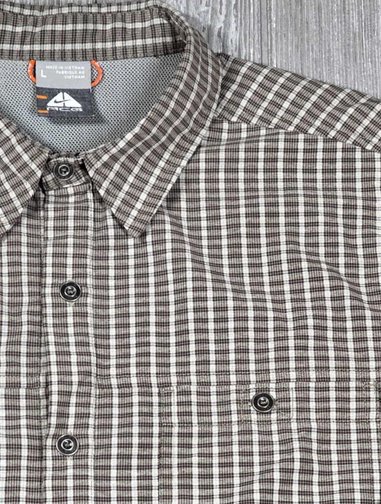 VTG Nike ACG Long Sleeve Shirt L Olive Gray Plaid Button Up Outdoor Gorpcore