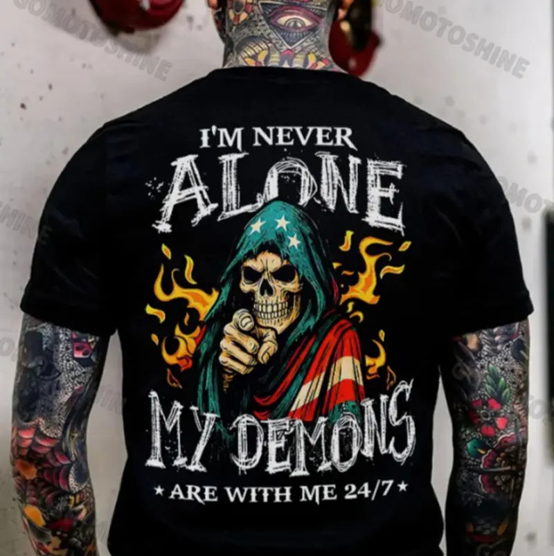 I’M NEVER ALONE MY DEMONS ARE WITH ME USA Flag Skeleton Print Men’s T-shirt 9