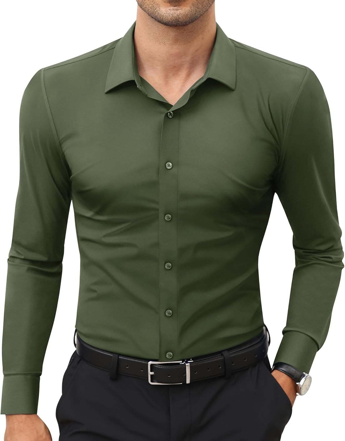 Stretch Slim Fit Wrinkle Free Long Sleeve Dress Shirt for Men Button Down