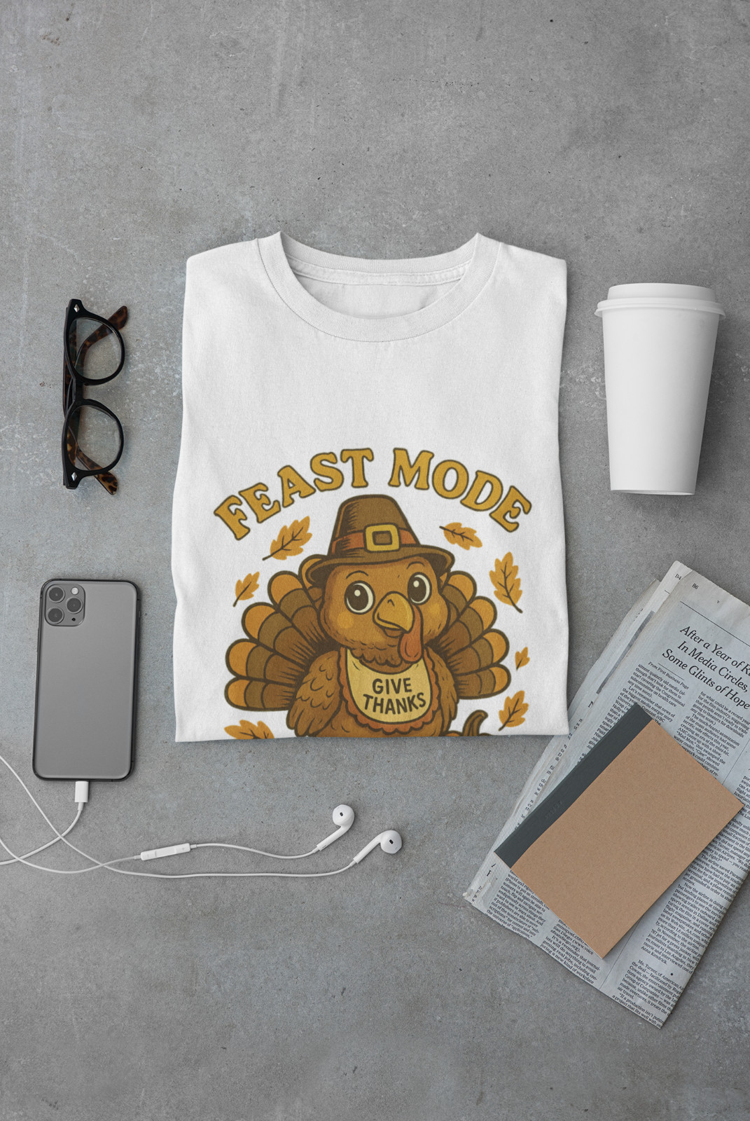 Feast Mode On Turkey T-Shirt | Retro Thanksgiving Pumpkin Tee | Fall Graphic A67