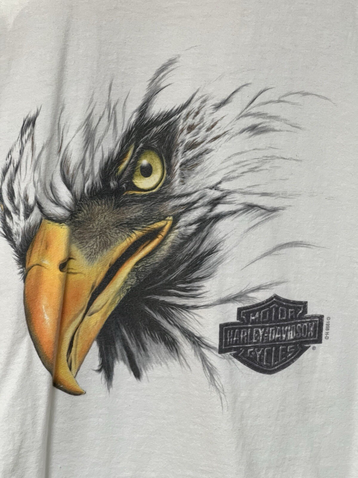 VTG 1998 Harley Davidson Eagle Face Eye Bakersfield, CA Sz XXL White T-Shirt See