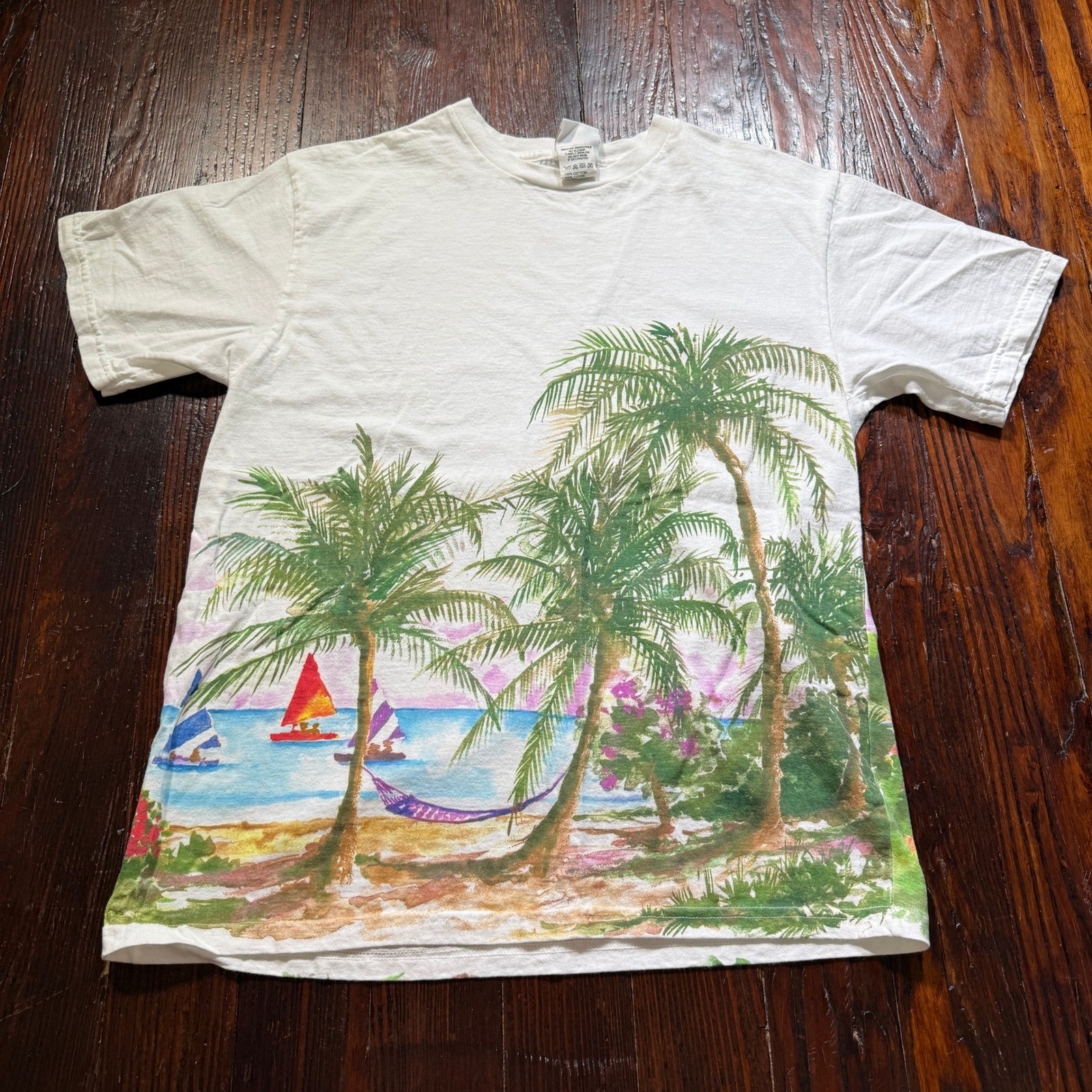 Vintage 90s Beach Shirt Mens L Tropical Palm Tree Sailboat USA Wrap Around Maze