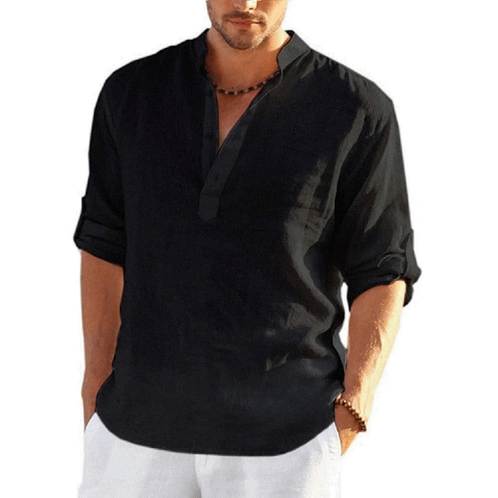 Men’s Cotton Linen Henley Long Sleeve Shirt Casual Beach T-shirt Tee Summer Gift