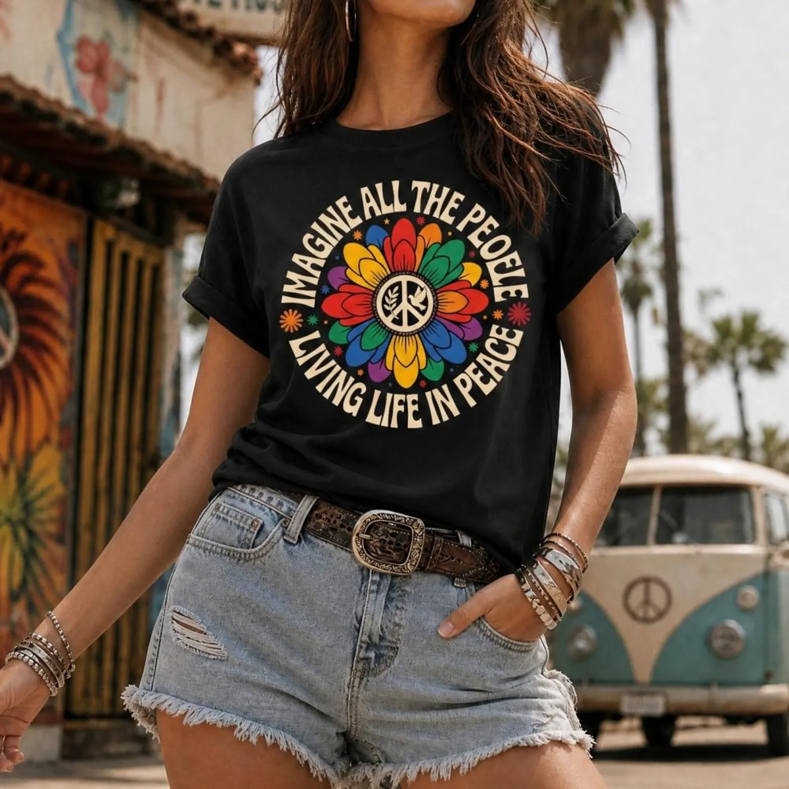 Vintage Hippie Peace Sign T-Shirt 60s 70s Retro Floral Daisy Unisex Tee Size