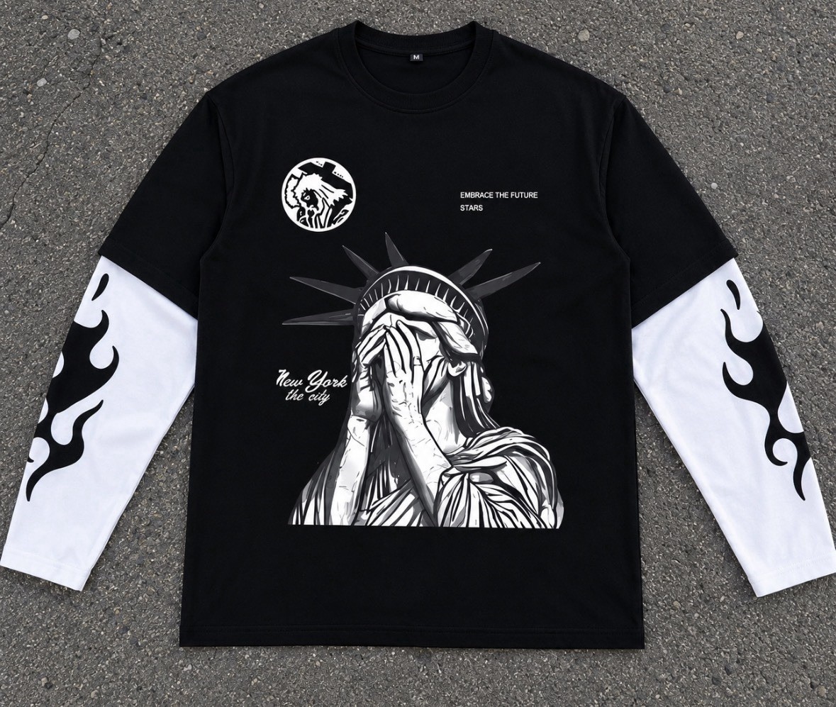 🗽 Y2K Graphic Long Sleeve Tee Statue of Liberty Tribal Flame Streetwear Black