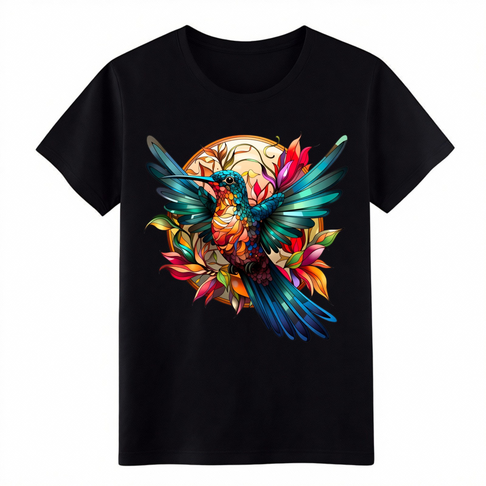 Colorful Stained Glass Hummingbird Floral Art Graphic Short Sleeve T-Shirt