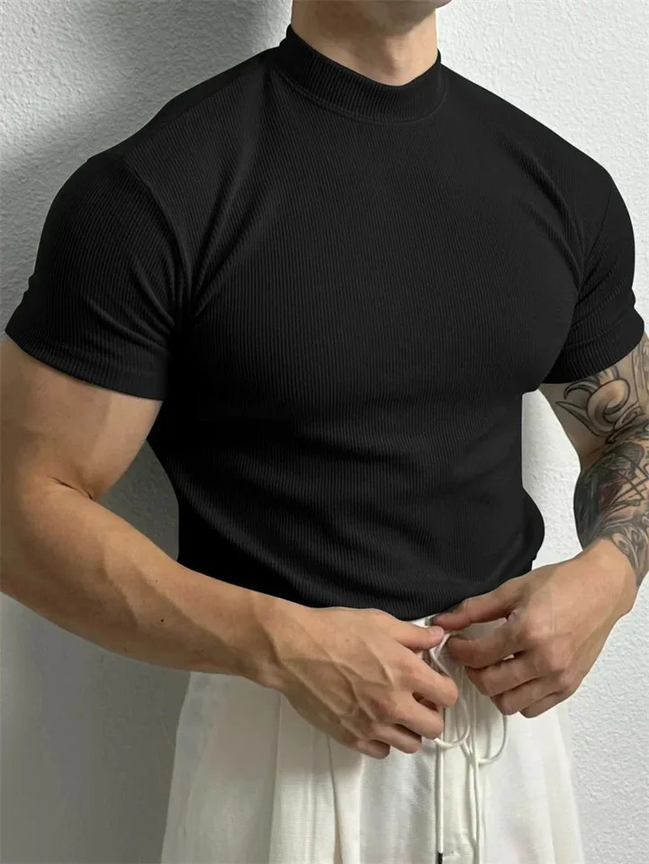 Men T Shirt Stripe Print Short Sleeve Elastic Fit High Collar Sport Gym Training