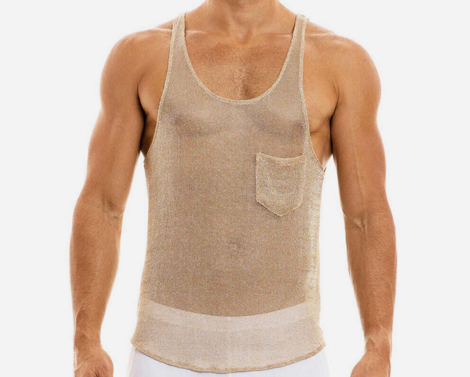 INCERUN Men’s Gold Size XL Scoop Neck Sheer Mesh Metallic Pocket Tank Top