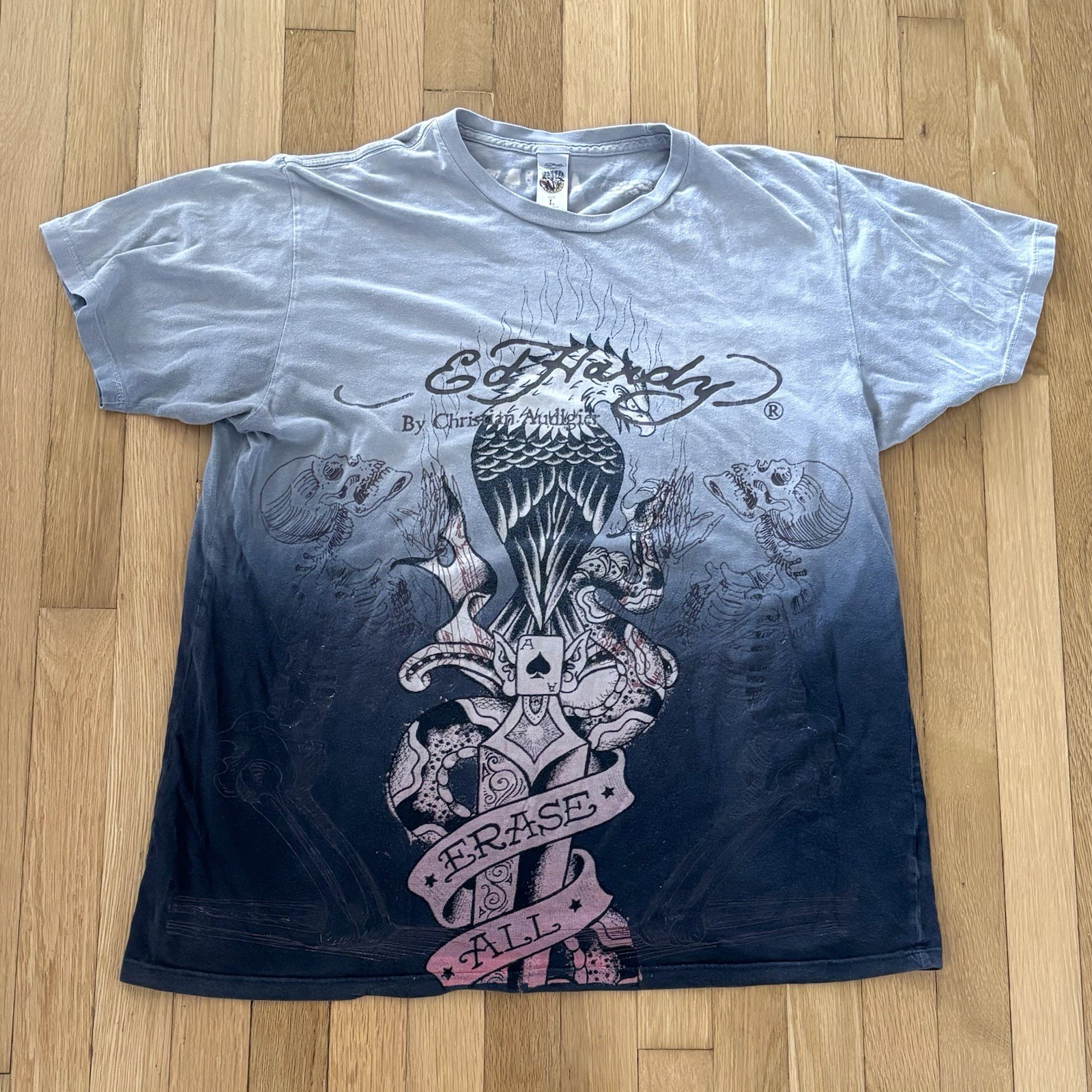 Vintage Ed Hardy Erase All Fears T Shirt Mens Large L Ombre Double Sided Y2K