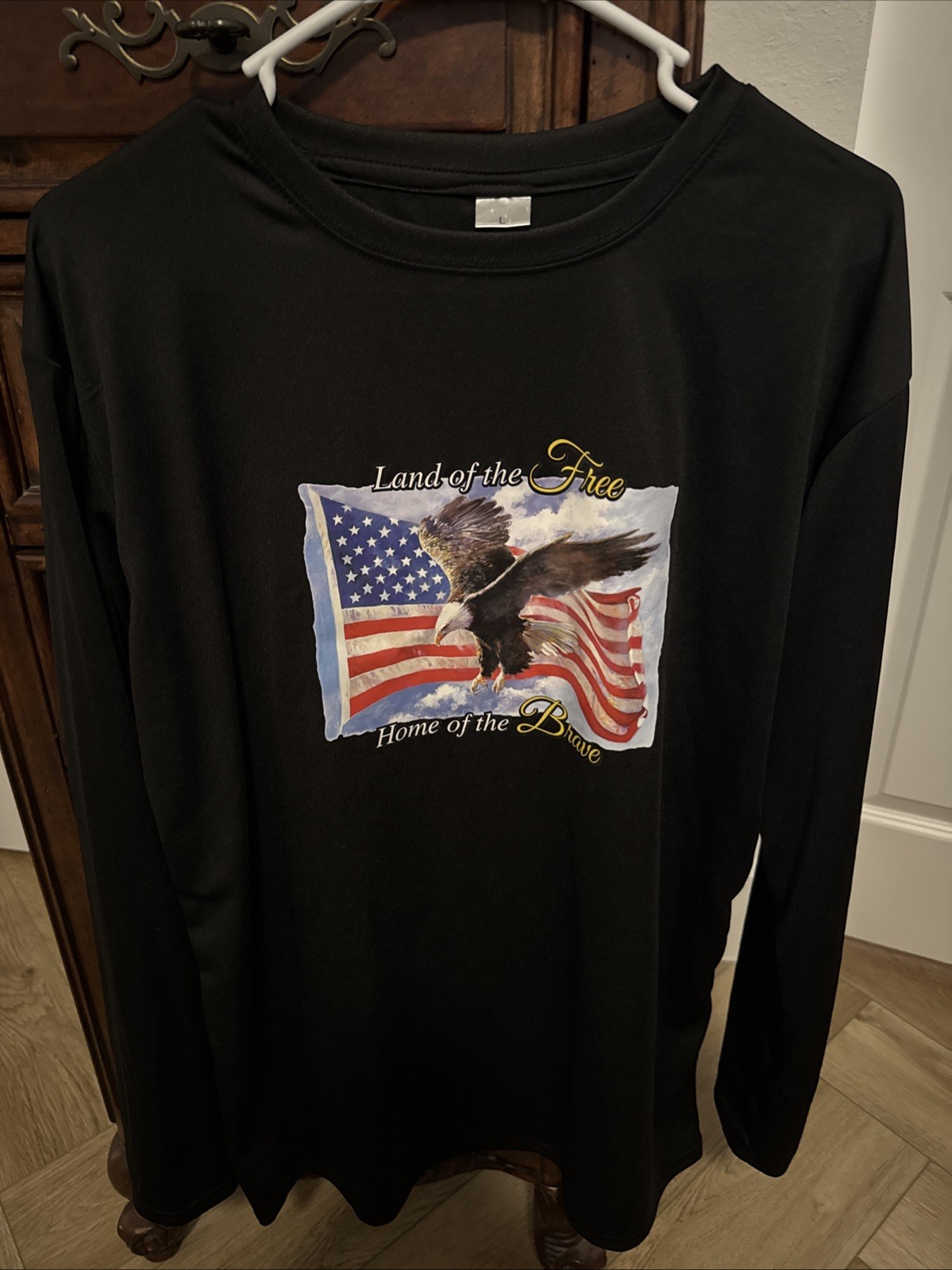 Patriotic Long Sleeve Shirt Land Of The Free American Flag Black Men L Stretch