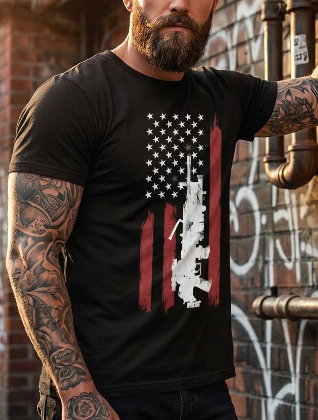 Men’s 100% Cotton T-Shirt Teens Short Sleeve Crew Neck American Flag Gun