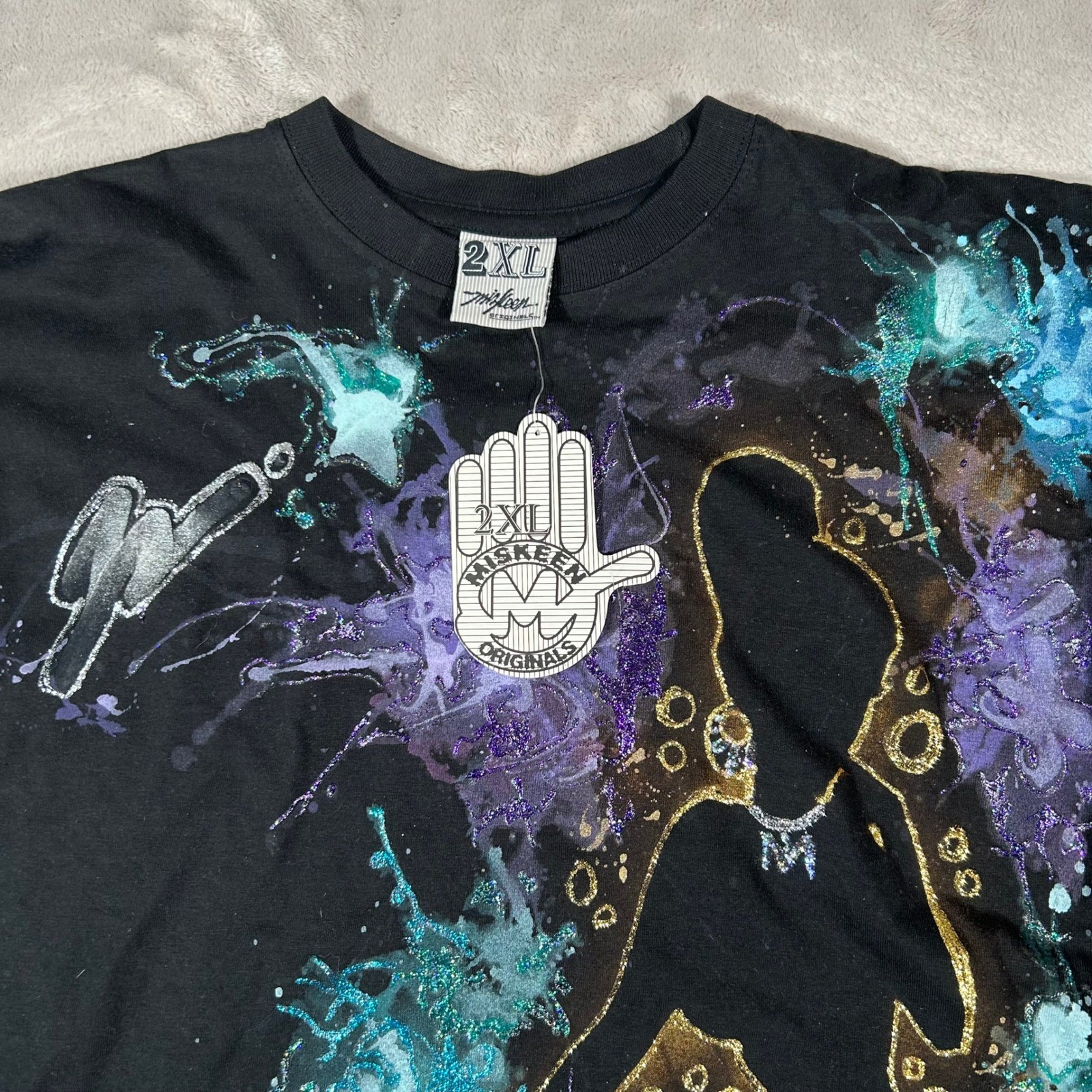 New Miskeen Hand Painted T Shirt Mens 2XL Black Glitter Splatter Art VTG Y2K NWT