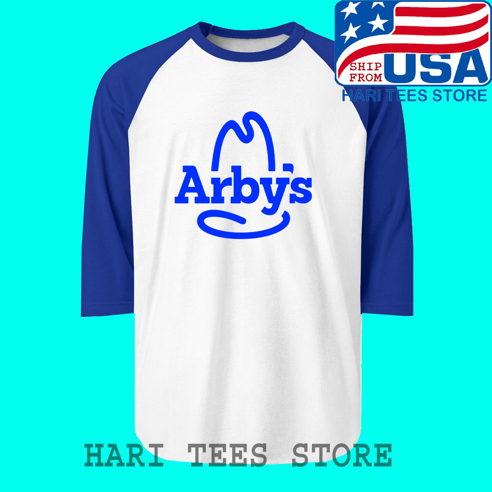 Arby’s Sugar Land Texas Restaurant Men’s Raglan White Blue Size S to 2XL