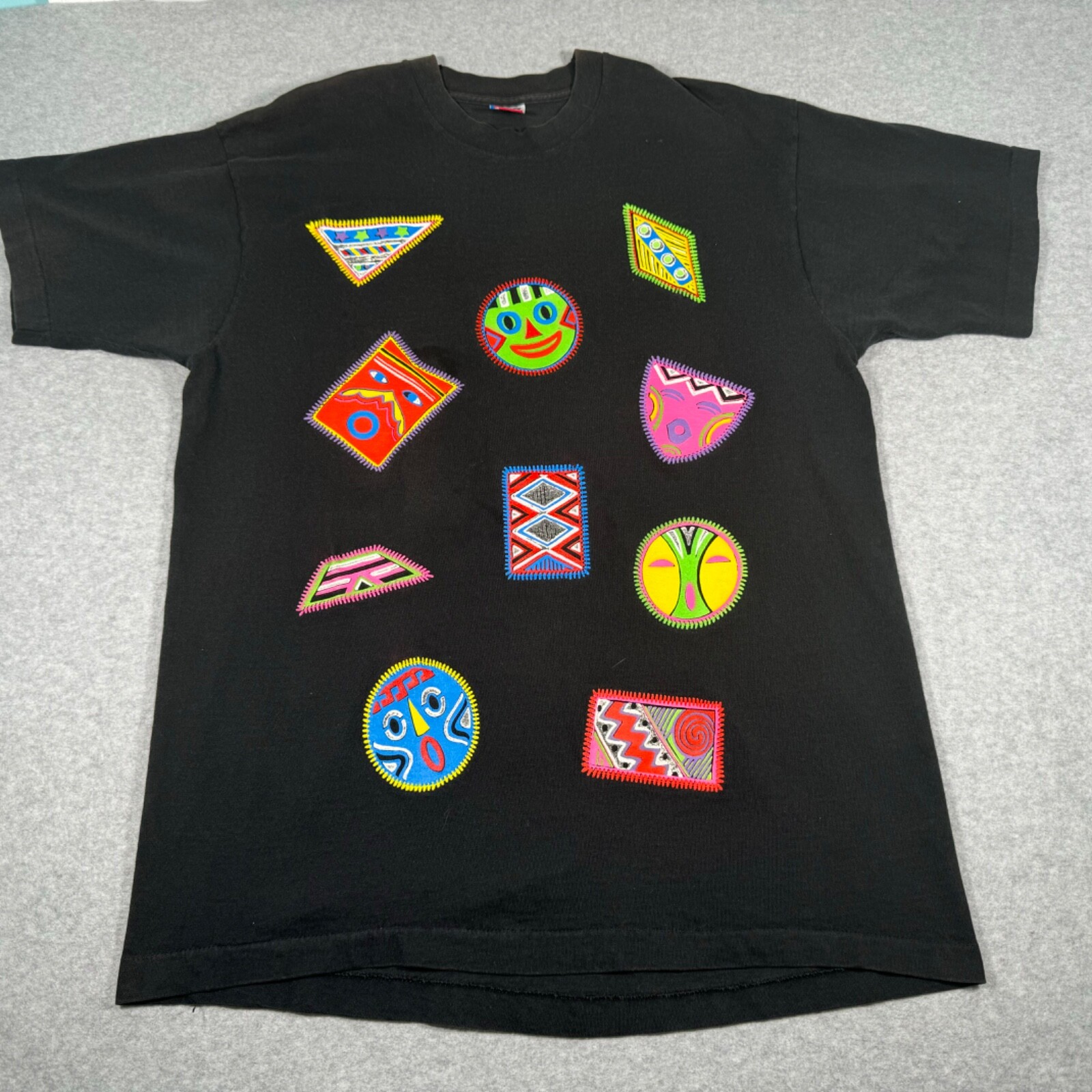 Vintage Shirt Adult Large Black Aztec Symbols Faces Single Stitch Mens 90s