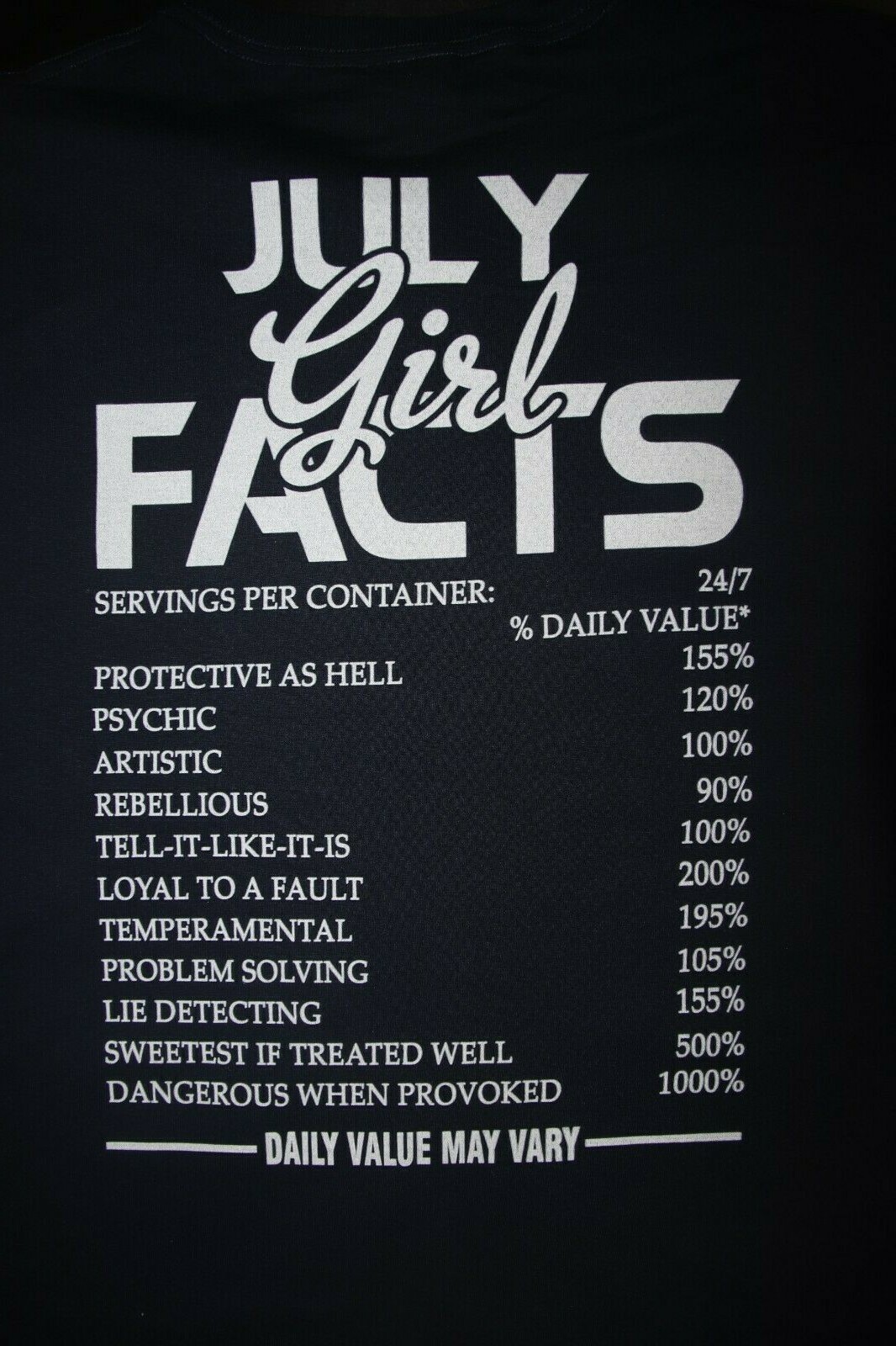 July Girl Facts- Daily Value May Vary- Long Sleeve T-Shirt Large, Blue