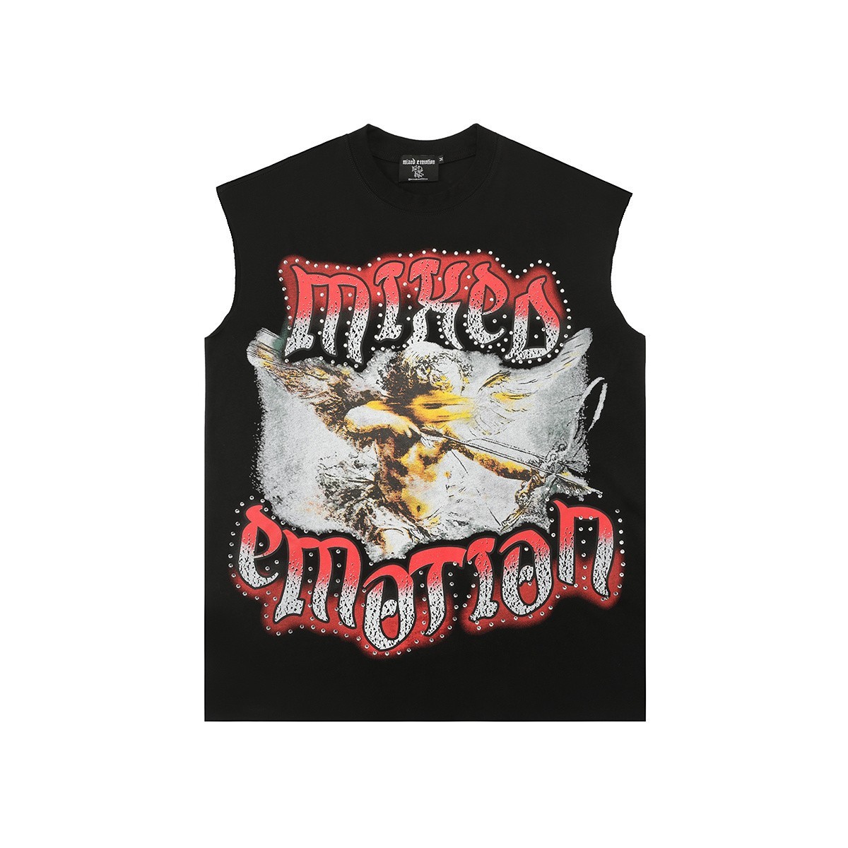 NEW Mixed Emotion Angel Rhinestone Sleeveless Black Graphic Tee