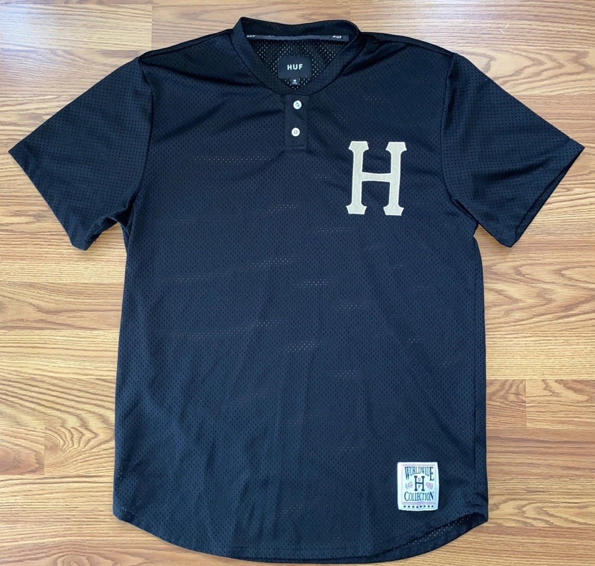 HUF Worldwide Collection Mens Medium Black Mesh Baseball Jersey Shirt Streetwear