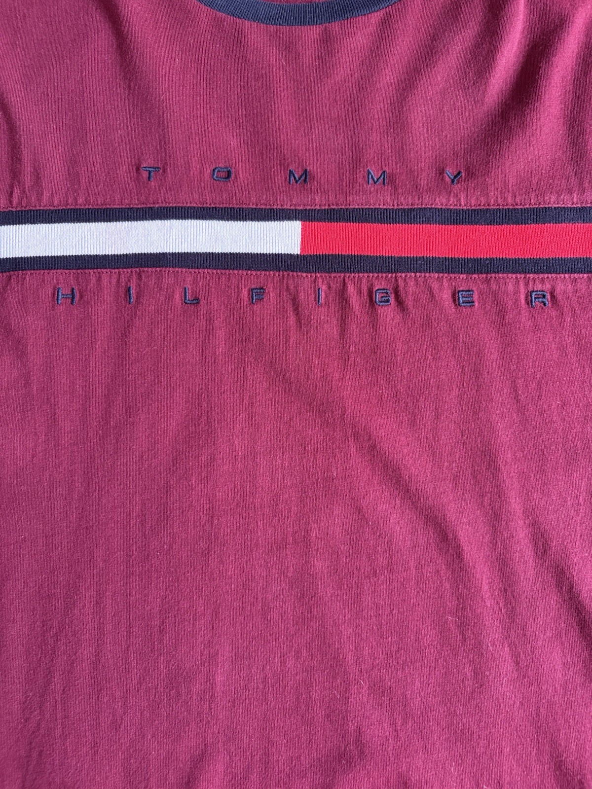 Tommy Hilfiger Men’s Burgundy Colorblock Logo Crew Neck Cotton Knit Tee 3XL