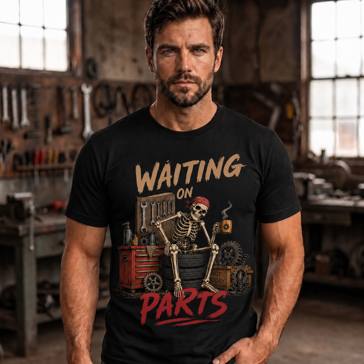 Waiting On Parts Funny garage humour Mechanic Skeleton Meme T Shirt