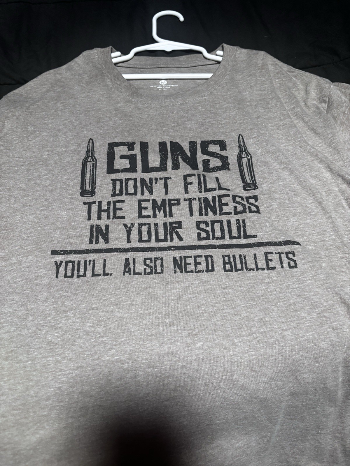 Men’s Gray Graphic T-Shirt Size M Cotton Crew Neck Short Sleeve Gun Slogan