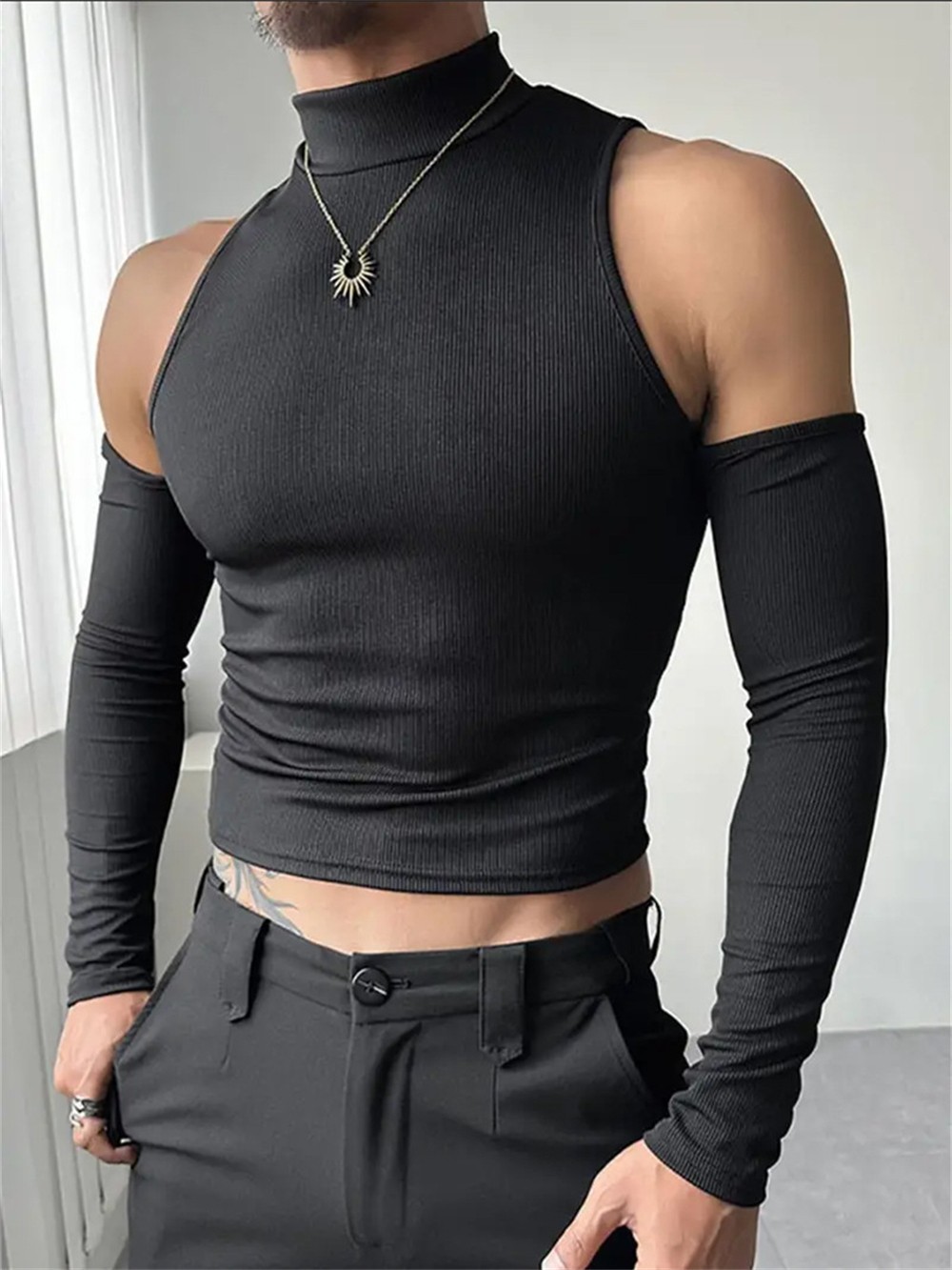 Mens Cold Shoulder Top Casual Pullover Skinny Long Sleeve T-Shirt Sexy Crop Tops