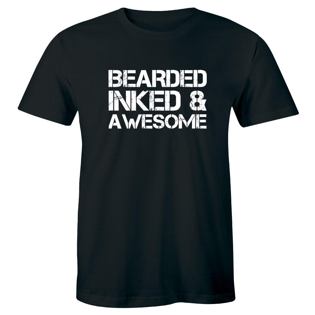 Bearded Inked and Awesome Crew Neck T-Shirt for Men Tattoo Lover Tee