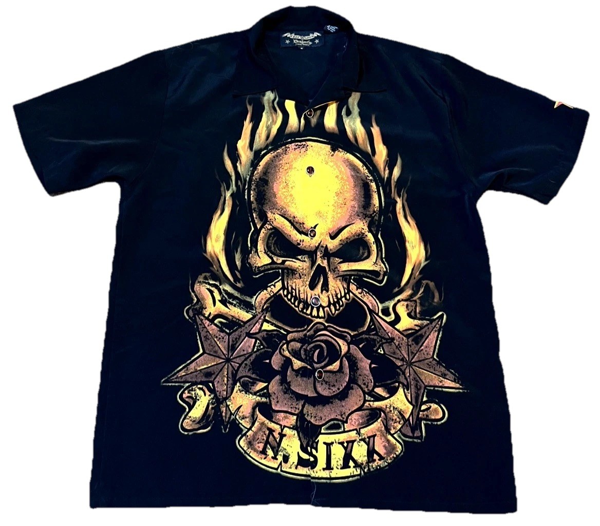 N.Sixx Dragonfly Skull Flame Button Up Shirt Mens Medium Black Gothic Tattoo Y2K