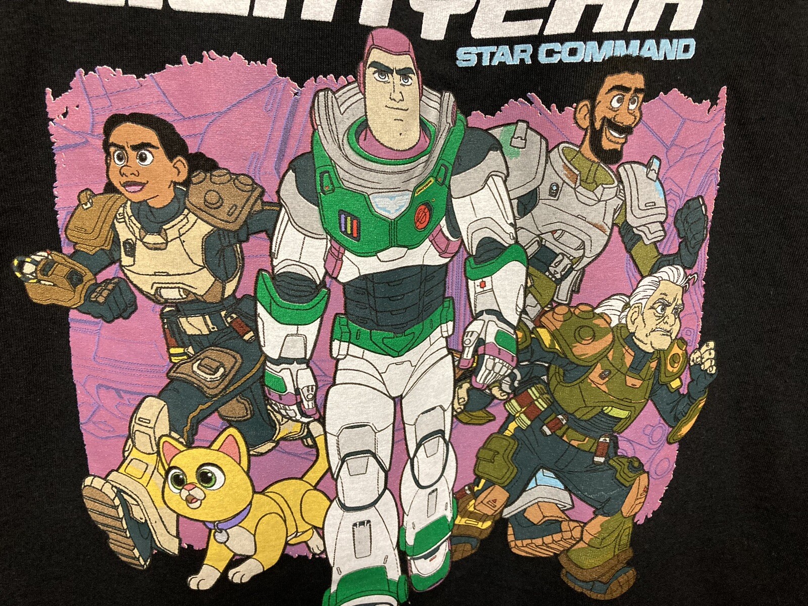 Buzz Lightyear Star Command. Lg Black T Shirt Full Front Print. Disney