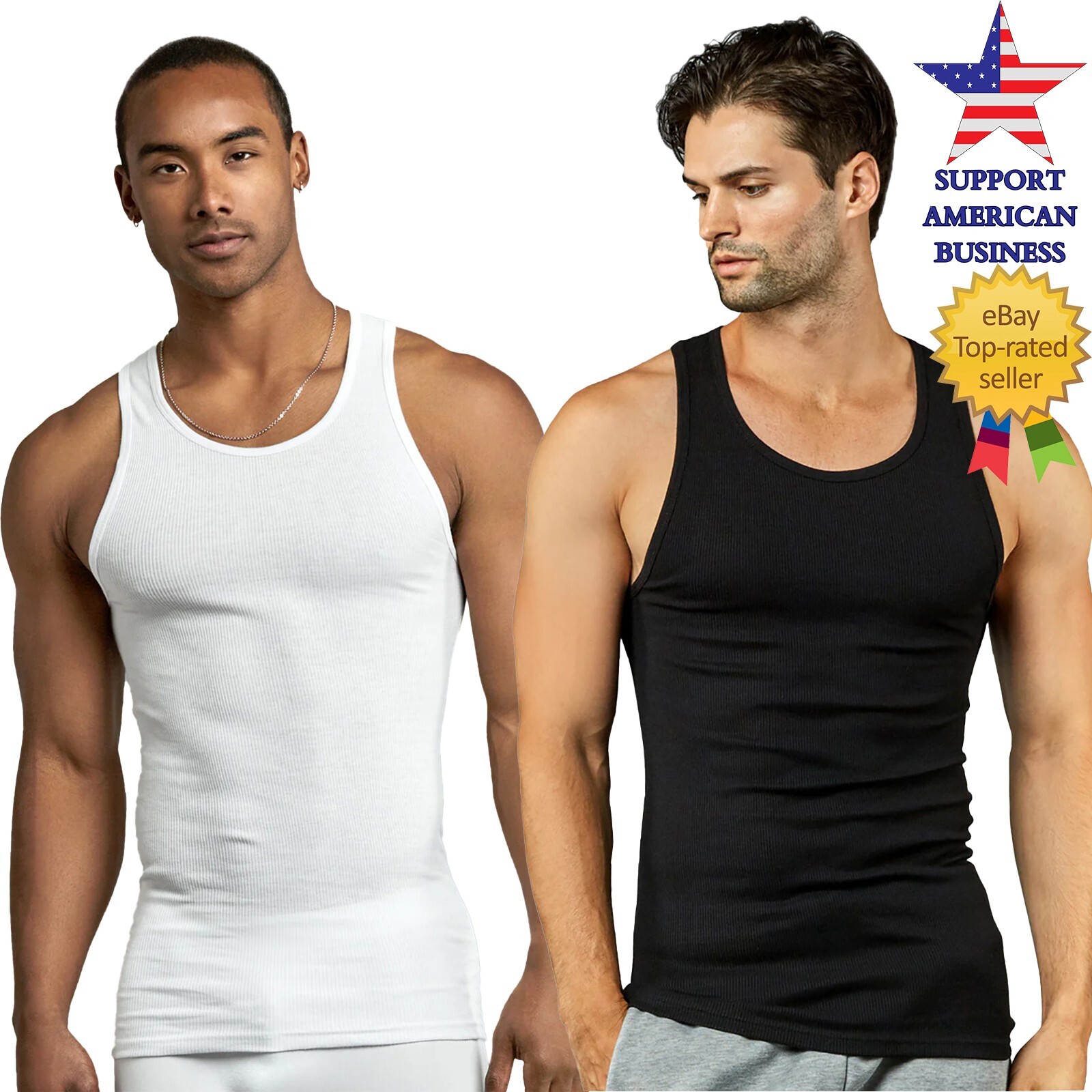 3, 6 Pack Mens 100% Cotton Ribbed A-Shirts Black White Wife Beater Tank Tops