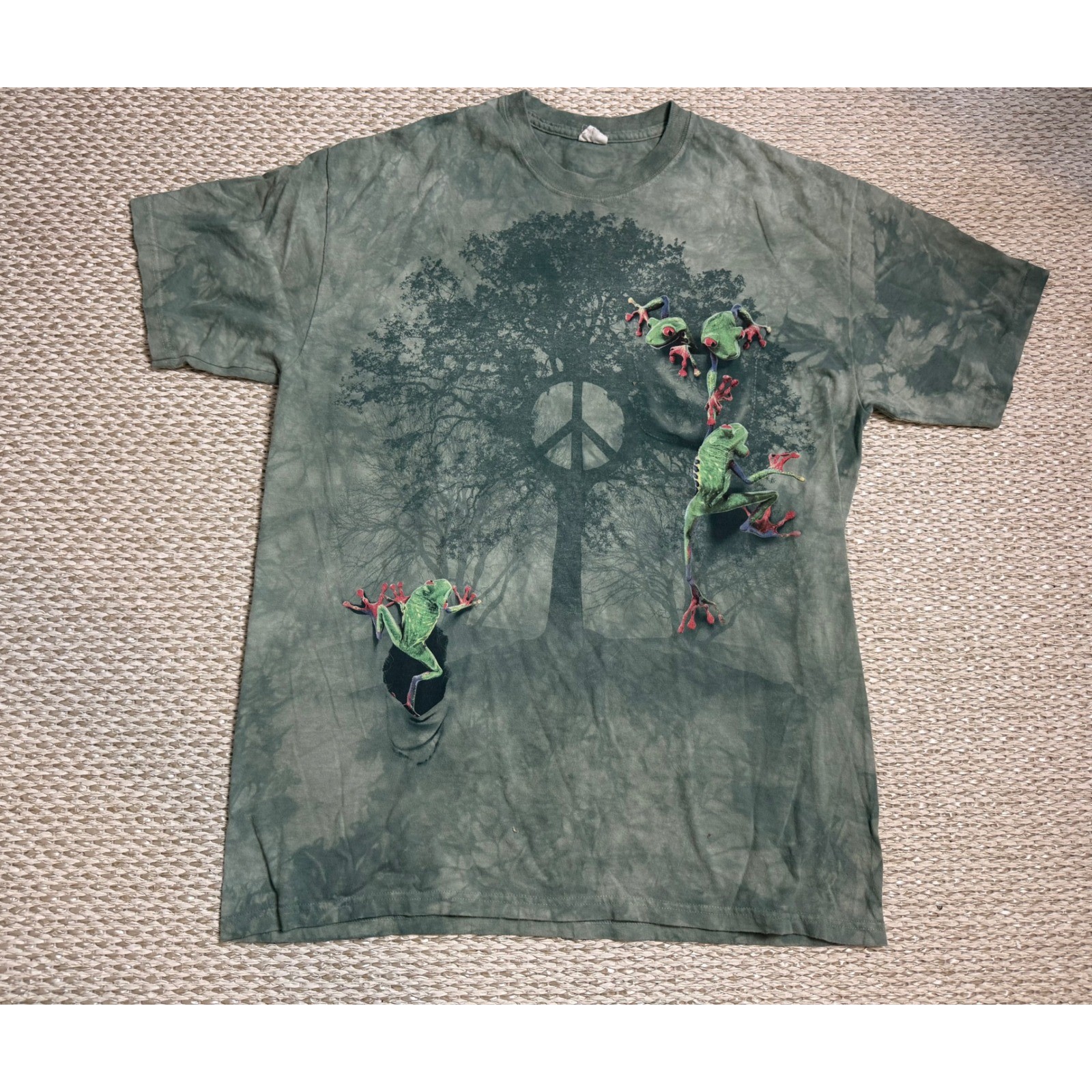 Frog Peace Sign Tree Tie Dye Graphic T-Shirt Green Mens Large vintage