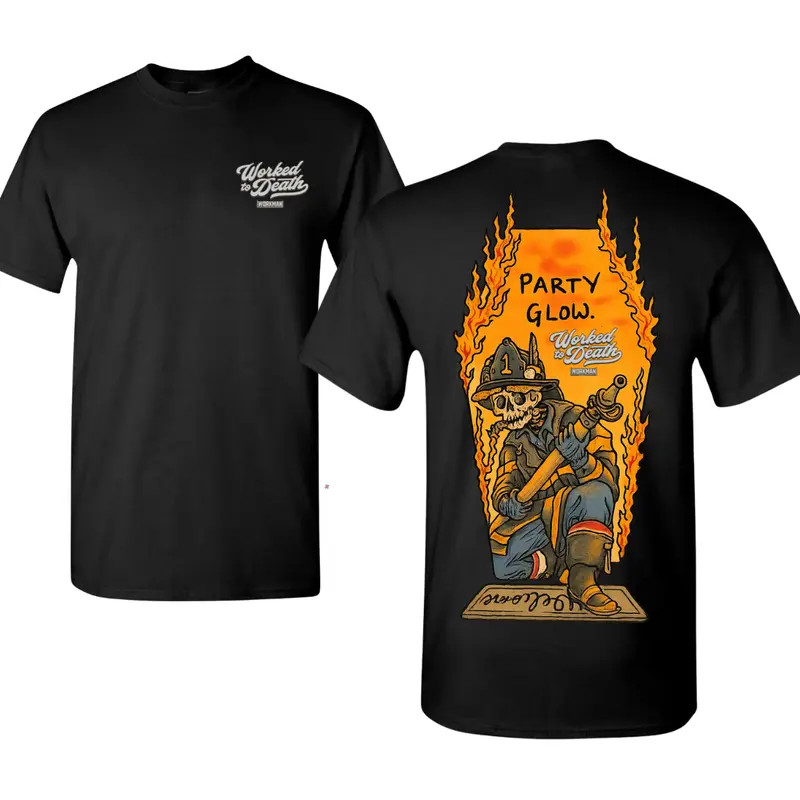 Worked to Death Firefighter T-Shirt with 2 Sides Graphic, Skull Fireman Illustra
