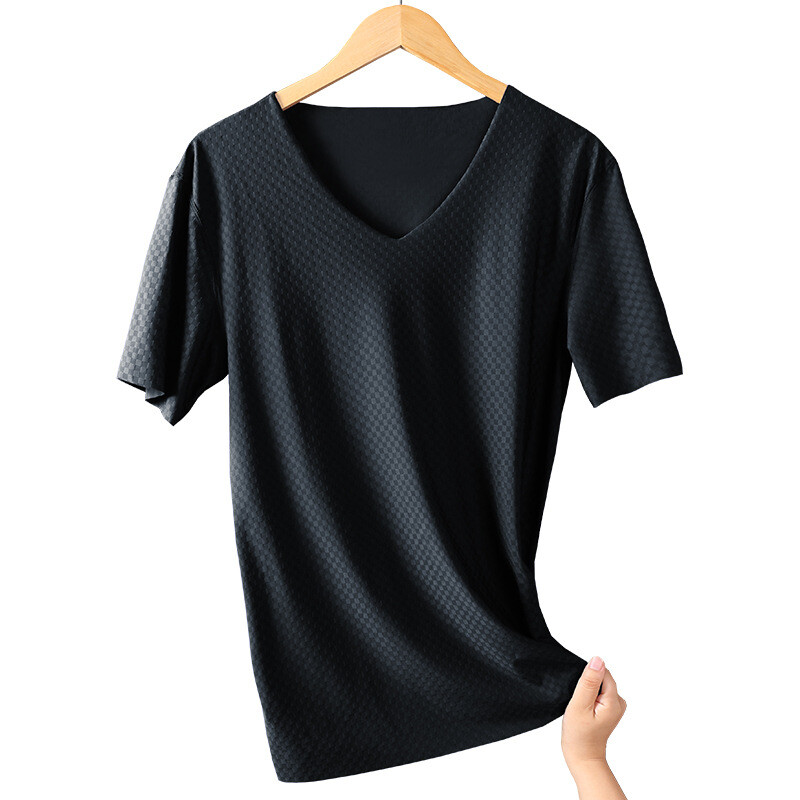 Men’s Undershirts Ice Silk T-Shirt Short Sleeve Seamless V-Neck Short Shirt