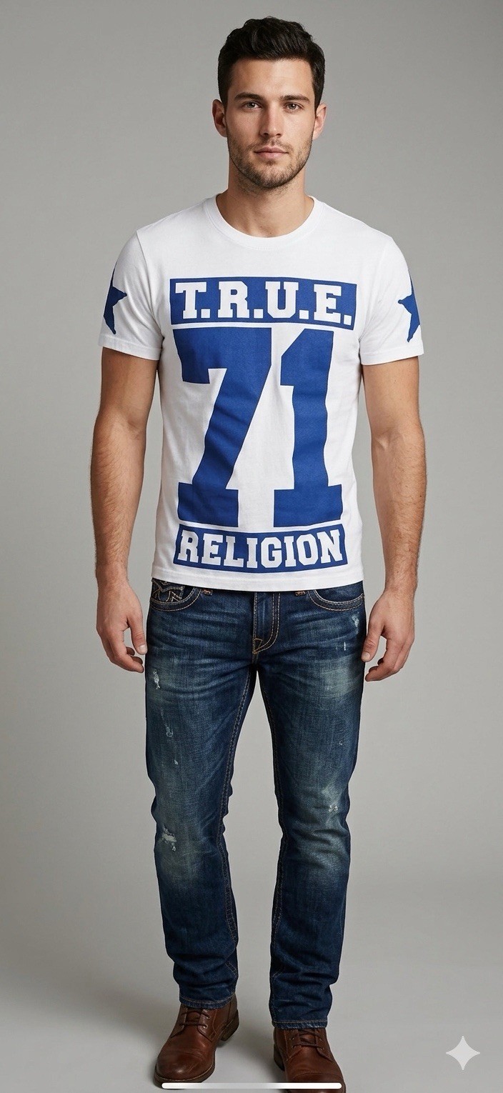 $105 TRUE RELIGION White Blue 71 STARS Short Sleeve Graphic Heavyweight T-shirt